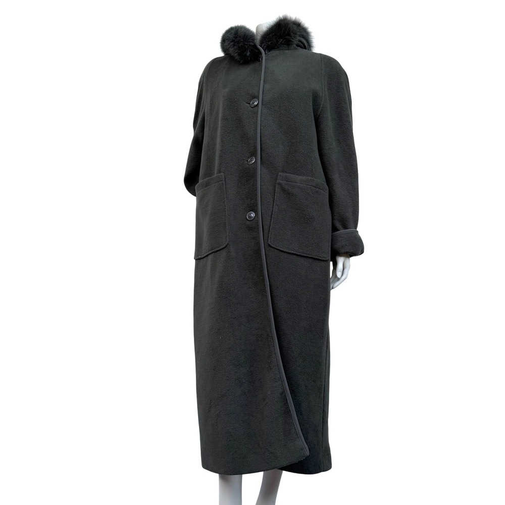 London Fog Rochelle Longline Fleece Coat Fox Fur Hood Olive Green Mob Wife 10